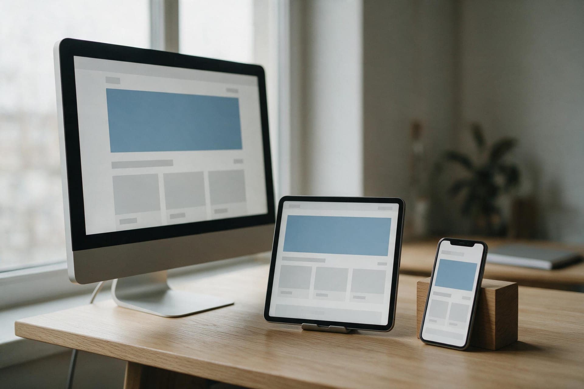 A monitor, a tablet and a phone side by side on a wooden desk by a window, all three showing the same website layout made of neutral blocks and bars