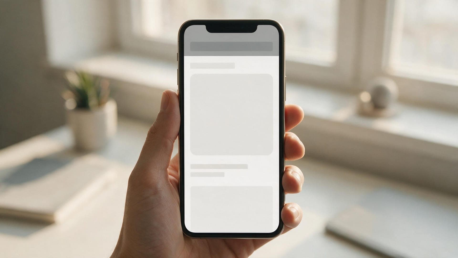 Hand houdt een telefoon boven een licht bureau; op het scherm staat een opgeruimde webpagina van lichtgrijze vlakken met veel witruimte