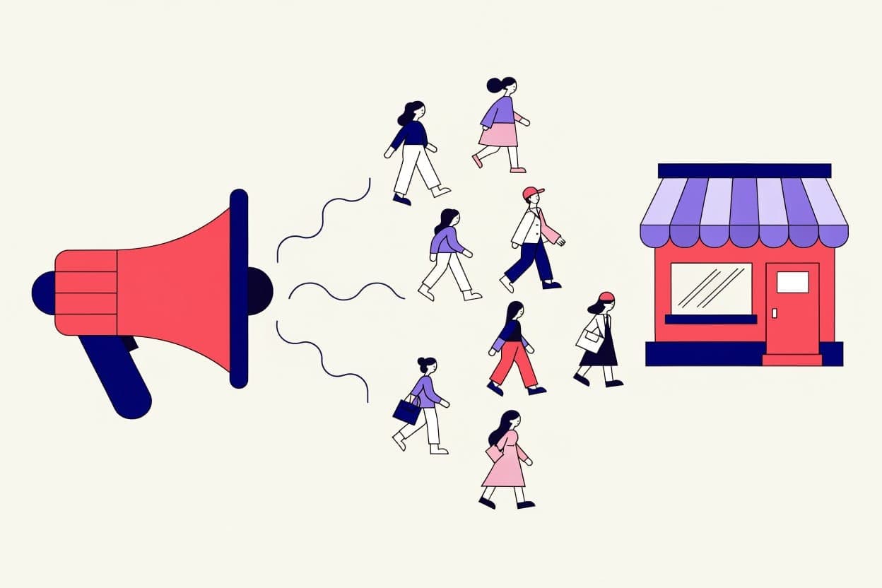 Rode megafoon stuurt golvende lijnen naar een groep mensen die naar een winkel met luifel lopen