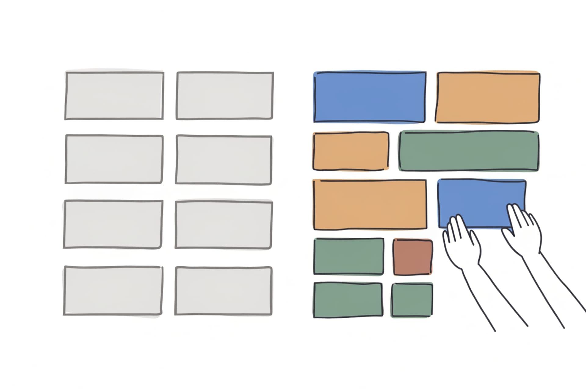 Vlakke illustratie met links een strak raster van acht gelijke grijze blokken en rechts een vrijere opbouw van gekleurde blokken, waar twee handen er een blok bij leggen