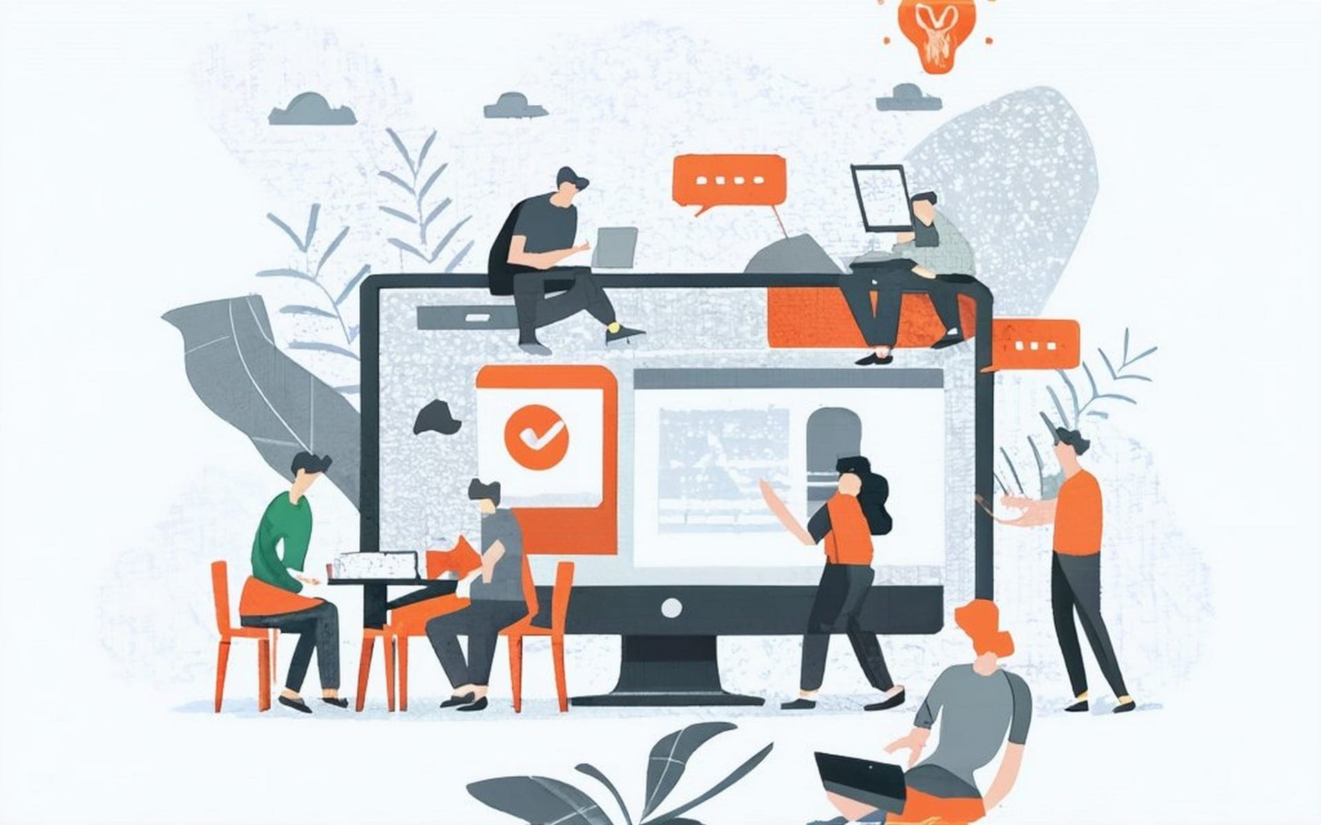 Illustratie van een verzorgd ogende website op een groot scherm, met mensen eromheen