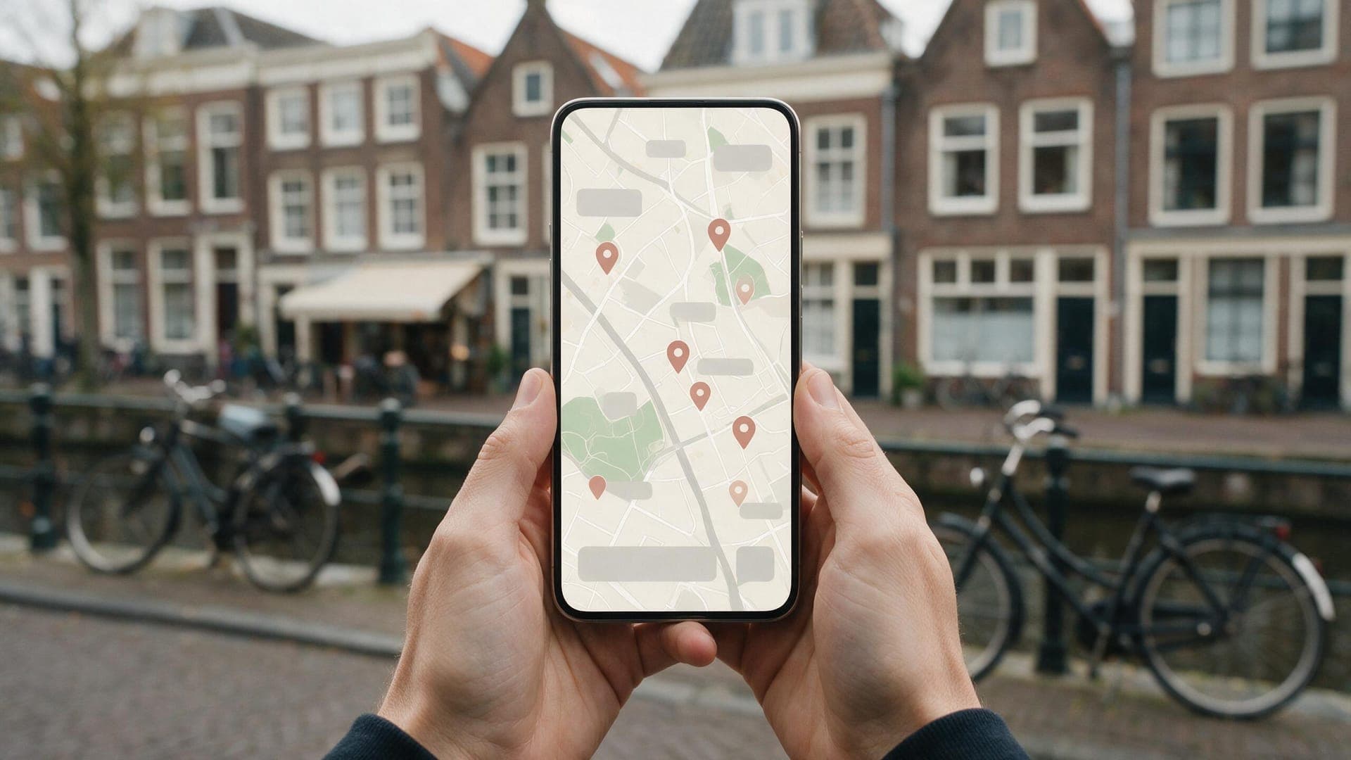 Iemand bekijkt op een telefoon een kaartje met speldjes om een bedrijf in de buurt te vinden