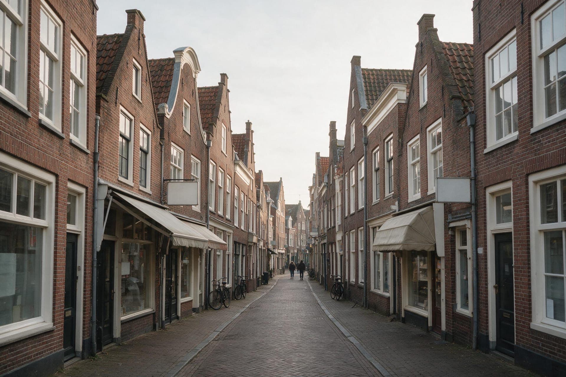 A quiet Dutch shopping street with brick facades, blank signboards, pale awnings and parked bicycles under an overcast sky