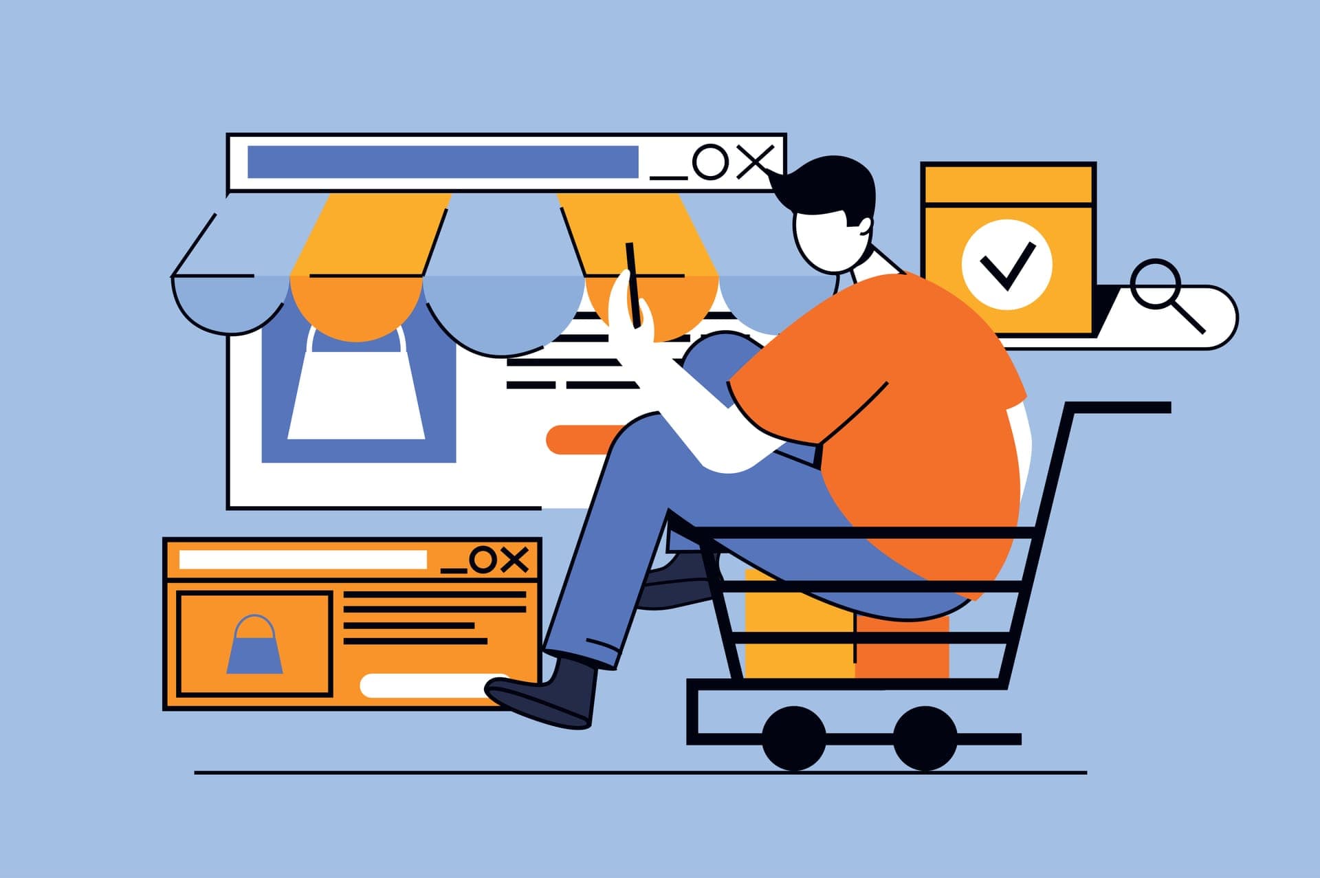 Illustration of a webshop with a shopfront, shopping cart and packed parcel