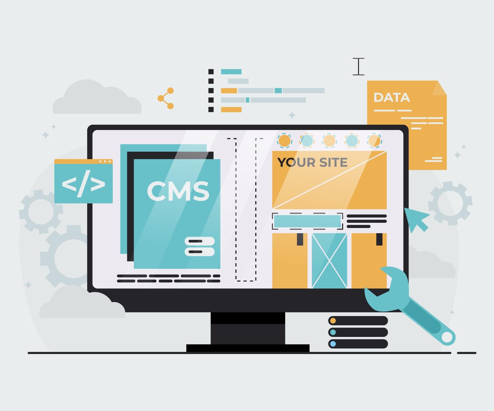 Illustratie van een CMS waarmee een website wordt opgebouwd, als platformkeuze voor een website of webshop